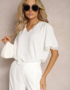 melya by melody Bluză Albă cu Finisaje din Dantelă și Decolteu în V Mallana