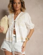melya by melody Bluză Albă Legată din Bumbac cu Broderie Decorativă Novienira