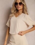 melya by melody Bluză Bej cu aplicații din dantelă și decolteu în V Mallana