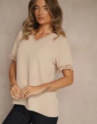 melya by melody Bluză bej cu decolteu triunghiular ornată cu plasă Tirvana