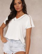melya by melody Bluză Evazată Albă cu Mâneci scurte și Benzi Ajurate Zaylor