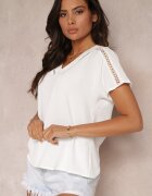 melya by melody Bluză Evazată Albă cu Mâneci scurte și Benzi Ajurate Zaylor