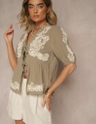 melya by melody Bluză Legată Verde din Bumbac cu Broderie Decorativă Novienira