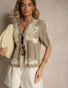 melya by melody Bluză Legată Verde din Bumbac cu Broderie Decorativă Novienira