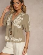 melya by melody Bluză Legată Verde din Bumbac cu Broderie Decorativă Novienira