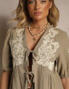 melya by melody Bluză Legată Verde din Bumbac cu Broderie Decorativă Novienira