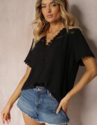 melya by melody Bluză Neagră cu Broderie Decorativă și Decolteu în V Grisevia