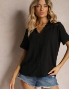 melya by melody Bluză Neagră cu Broderie Decorativă și Decolteu în V Grisevia