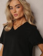 melya by melody Bluză Neagră cu Decolteu Triunghiular Împodobită cu Plasă Tirvana