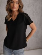 melya by melody Bluză neagră evazată cu mâneci scurte și benzi ajurate Zaylor