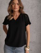 melya by melody Bluză neagră evazată cu mâneci scurte și benzi ajurate Zaylor