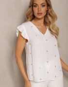 melya by melody Bluză Top Albă de Vâscoză cu Inimi Brodate și Volane Darwilla