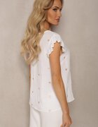 melya by melody Bluză Top Albă de Vâscoză cu Inimi Brodate și Volane Darwilla