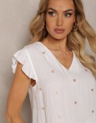 melya by melody Bluză Top Albă de Vâscoză cu Inimi Brodate și Volane Darwilla