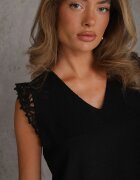 melya by melody Bluză Top Neagră din Țesătură Plumeti cu Dantelă Decorativă Caliya