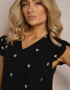 melya by melody Bluză Top Neagră din Vâscoză cu Inimi Brodate și Volane Darwilla