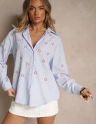 melya by melody Cămașă Albastru-Roșu Oversize în Dungi Cu Broderie Inimă Nitavela