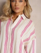 melya by melody Cămașă Bej-Fucsia Casual din Bumbac în Dungi Sileata