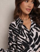 melya by melody Cămașă Bej și Neagră Supradimensionată din Viscoză cu Model Abstract în Dungi Frilina
