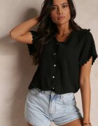 melya by melody Cămașă Neagră cu Mânecă Scurtă și Dantelă la Umeri Bettia