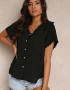melya by melody Cămașă Neagră cu Mânecă Scurtă și Dantelă la Umeri Bettia