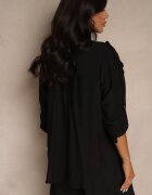 melya by melody Cămașă Neagră Oversize din In și Viscoză Decorată cu Aplicații cu Flori Varreia
