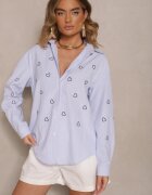 melya by melody Cămașă Oversize albastru-marin cu dungi brodată cu inimioare Nitavela