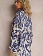 melya by melody Cămașă Oversize Bej-Bleumarin din Viscoză cu Model Abstract în Dungi Frilina