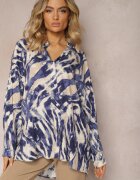 melya by melody Cămașă Oversize Bej-Bleumarin din Viscoză cu Model Abstract în Dungi Frilina