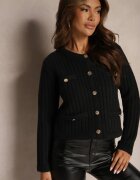 melya by melody Cardigan Negru cu Amestec de Lână cu Împletitură Decorativă nasturi și Imitație de Buzunare Merica