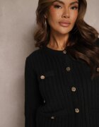 melya by melody Cardigan Negru cu Amestec de Lână cu Împletitură Decorativă nasturi și Imitație de Buzunare Merica