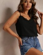 melya by melody Czarny Top Ozdobiona Koronką z Tkaniny Plumeti Assunta