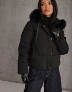melya by melody Geacă Casual de iarnă Matlasată cu cusături matlasate și glugă cu blană Fioreza Neagră