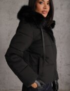 melya by melody Geacă Casual de iarnă Matlasată cu cusături matlasate și glugă cu blană Fioreza Neagră