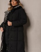 melya by melody Geacă Lungă Negru-Bej cu Cusături Matlasate și Guler Leopard Legată în Talie Tilfezi