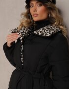 melya by melody Geacă Lungă Negru-Bej cu Cusături Matlasate și Guler Leopard Legată în Talie Tilfezi