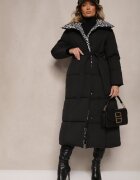 melya by melody Geacă Lungă Negru-Gri cu Cusături Matlasate și Guler Leopard Legată în Talie Tilfezi