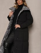 melya by melody Geacă Lungă Negru-Gri cu Cusături Matlasate și Guler Leopard Legată în Talie Tilfezi