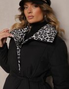 melya by melody Geacă Lungă Negru-Gri cu Cusături Matlasate și Guler Leopard Legată în Talie Tilfezi
