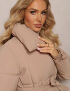 melya by melody Geacă matlasată bej cu centură în talie și guler larg Fusteni