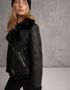 melya by melody Geacă Neagră Biker cu Blană Decorativă și Curea cu Cataramă Emaro
