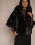 melya by melody Geacă Neagră de Blană croi Oversize cu Glugă și Mâneci 3/4 Titene