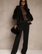 melya by melody Geacă Neagră de Blană croi Oversize cu Glugă și Mâneci 3/4 Titene