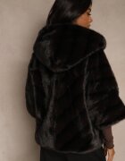 melya by melody Geacă Neagră de Blană croi Oversize cu Glugă și Mâneci 3/4 Titene