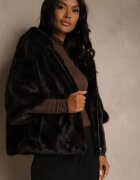 melya by melody Geacă Neagră de Blană croi Oversize cu Glugă și Mâneci 3/4 Titene