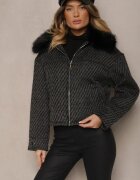 melya by melody Geacă Neagră Elegantă cu Guler din Blană și Fir Strălucitor Vertilora