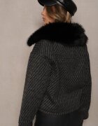 melya by melody Geacă Neagră Elegantă cu Guler din Blană și Fir Strălucitor Vertilora