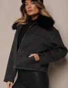 melya by melody Geacă Neagră Elegantă cu Guler din Blană și Fir Strălucitor Vertilora