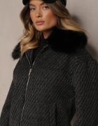 melya by melody Geacă Neagră Elegantă cu Guler din Blană și Fir Strălucitor Vertilora