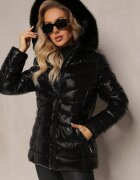 melya by melody Geacă Neagră Matlasată cu Efect Ușor Lucios Decorată cu Blană Secire